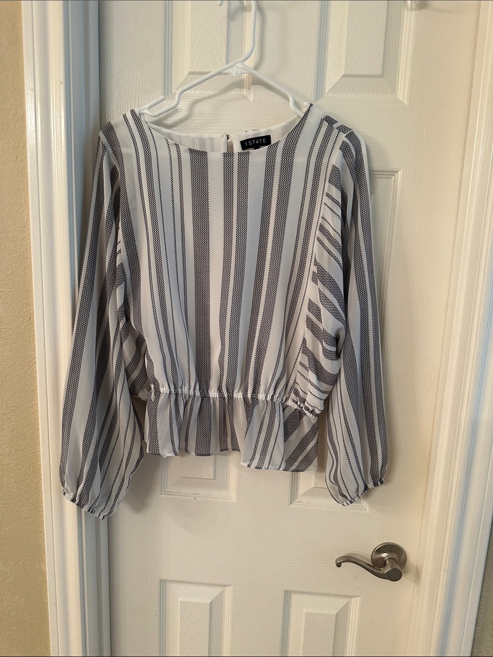 1. State Striped Long-Sleeve Peplum Blouse in White and Gray
